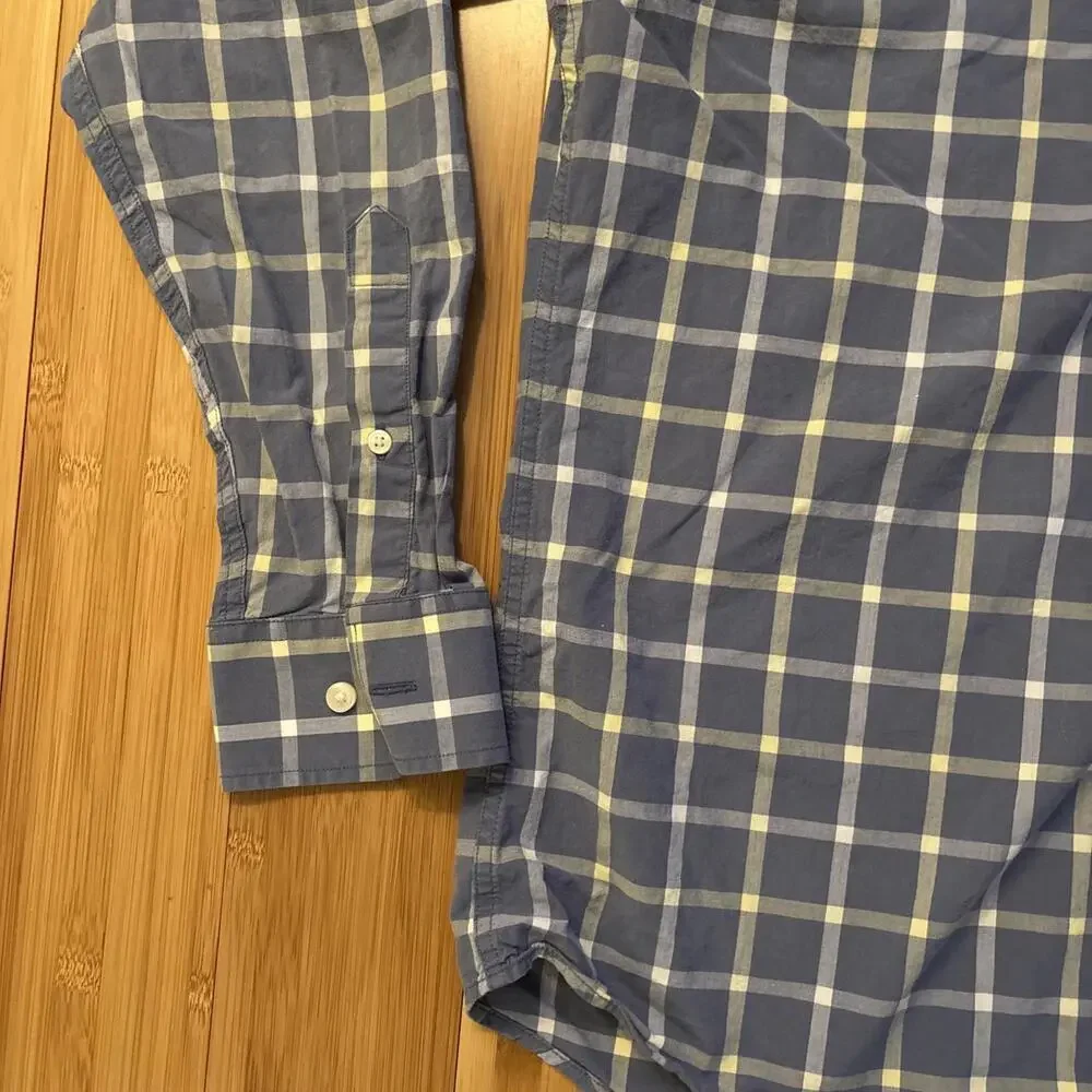 Banana Republic Mens Button Shirt Large Blue Check Slim Fit Soft Wash Casual